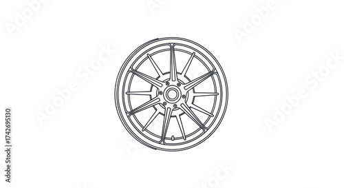 Detailed Line Art Illustration of a Car Wheel Rim.