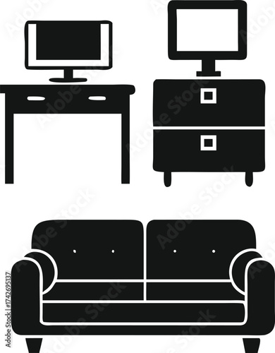 Flat vector icon set of living room furniture including a sofa, chair, table, and LCD TV screen on the wall