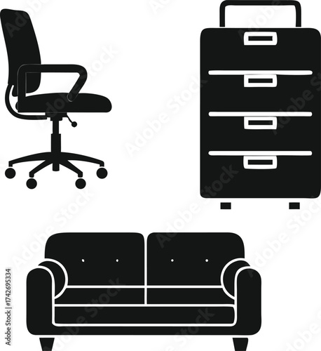 Stock image set of black and brown vintage vector furniture icons including sofa, armchair, and leather chair for contemporary home or office interior design and decor