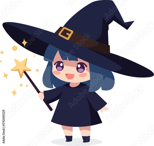 A cute cartoon witch with blue hair, wearing a large hat and holding a star-tipped wand, casting spells with sparkles.
