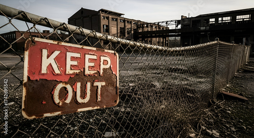 Abandoned Industrial Site With Keep Out Sign Against Moody Atmosphere