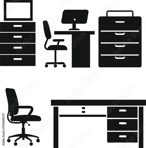 A 3D illustration of a furniture icons set for office and business featuring a cabinet, drawer, filing box, and storage closet