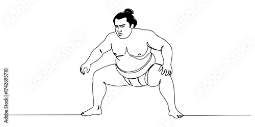 Continuous one line drawing of sumo wrestler in fighting position, symbolizing tradition, strength, and endurance, style vector illustration.