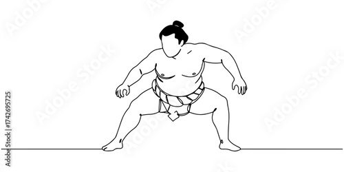 Continuous one line drawing of sumo wrestler in fighting position, symbolizing tradition, strength, and endurance, style vector illustration.