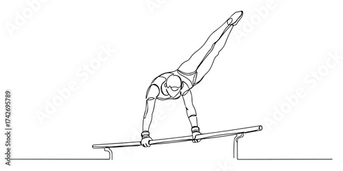 Continuous one line drawing of a gymnast performing a parallel bars routine, symbolizing strength, control, and grace, style vector illustration.