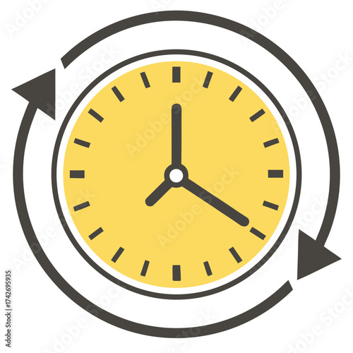 Yellow clock icon with circular arrows indicating rotation on white background time