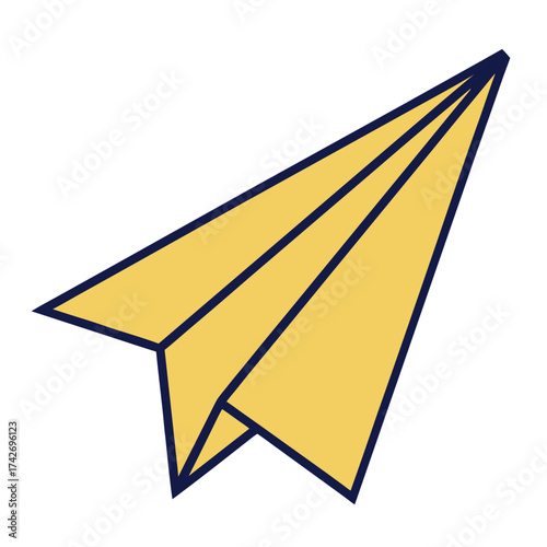 Yellow paper airplane icon with dark blue outline on white background origami travel