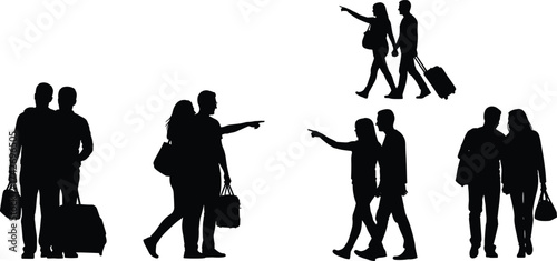 Silhouette people walking, travel companions, airport travelers, business trip, luggage, teamwork, direction, tourism, journey, motion, urban life, standing figures, pointing gesture, suitca