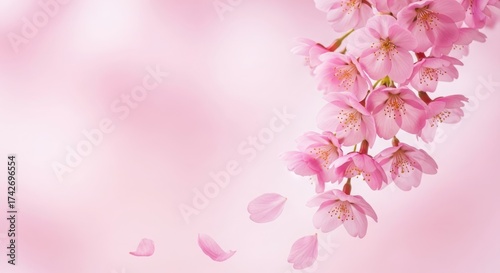Beautiful cherry blossom branch with falling petals on pink background