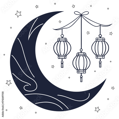 Celestial Moon and Lanterns Illustration