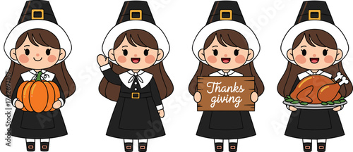 Thanksgiving Pilgrim girls, cartoon characters, festive attire, pumpkin, turkey platter, waving pose, gratitude sign, holiday illustration, autumn celebration, traditional costume