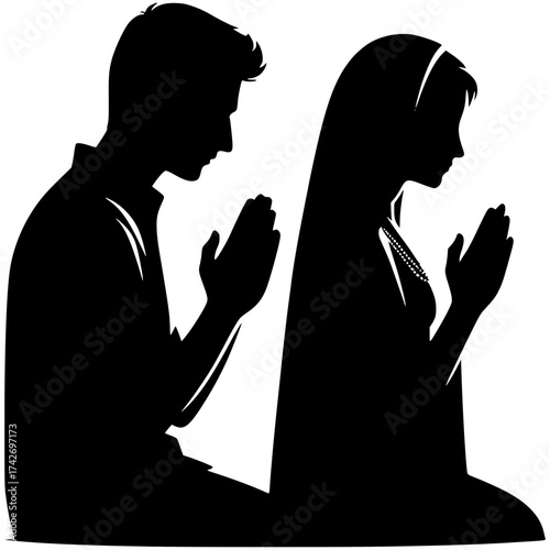 Prayerful Silhouette: Two figures, a man and a woman, silhouetted against the light, kneel in prayer, hands clasped in devotion, expressing faith, peace, and spiritual connection.