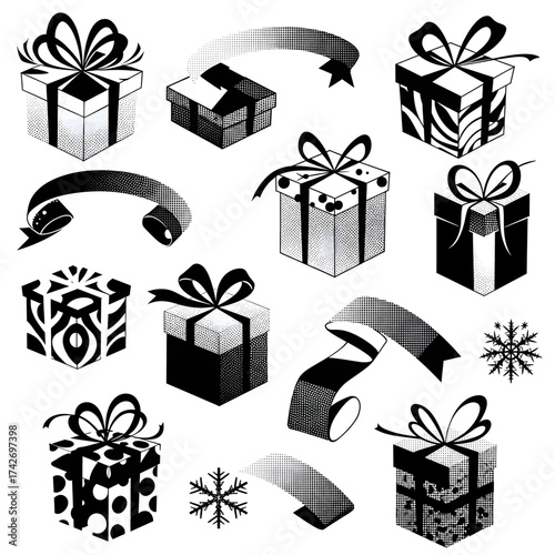 Elegant black and white gift boxes and ribbons for festive celebrations, perfect for creating holiday cards or website designs with a modern touch