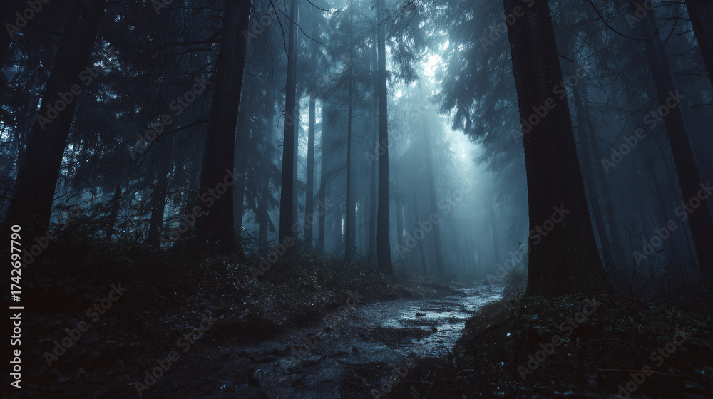 Fototapeta premium Cinematic moody landscape shot of an extremely dense misty forest