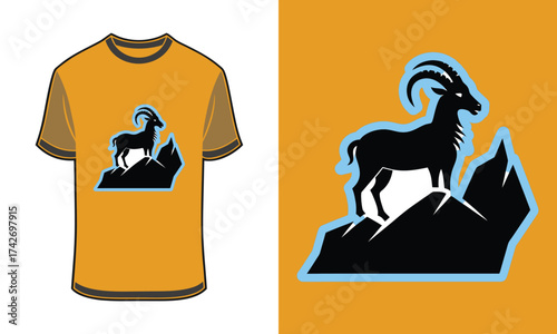 Tshirt mockup silhouette a mountain goat a rocky peak with blue outline vector