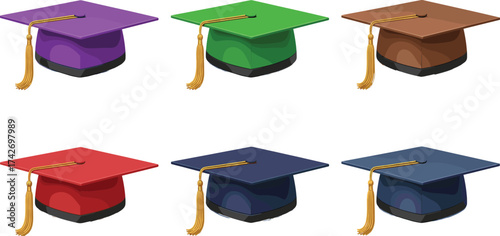 Graduation caps in vibrant colors, academic achievement, education celebration, diverse mortarboards, golden tassels, school success, university ceremony, student milestone