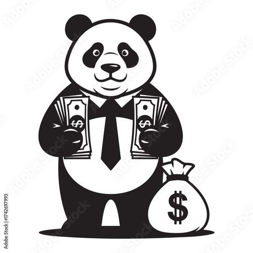 Business Panda with Money Bag and Cash - Financial Success Concept