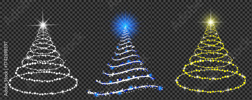 Three Christmas tree outlines gleam brightly with spiraling white, blue, and yellow lights set against a transparent background