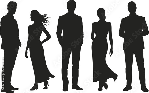 Elegant silhouette of formal men and women in stylish poses, fashion concept, black shadow figures, business attire, evening dress, minimalist design, isolated background