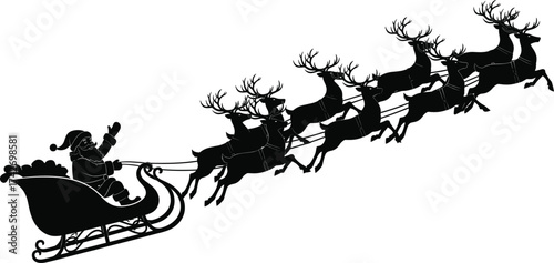 Santa Claus silhouette, flying sleigh, Christmas reindeer, festive illustration, holiday magic, winter night, seasonal graphic, black vector, Xmas icon, folklore art