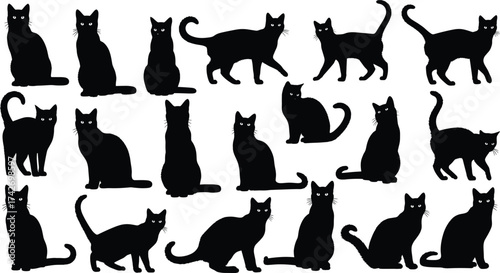Silhouette, black cat, feline pose, walking, sitting, standing, turning, tail up, ear alert, vector, isolated, animal, pet, design, clipart, icon, graphic, shape, posture, collection