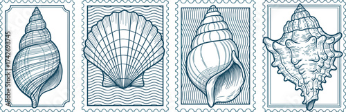 Seashell stamp illustration set, hand drawn marine shell art, vintage ocean sketch, black and white shell design, travel themed nature collection