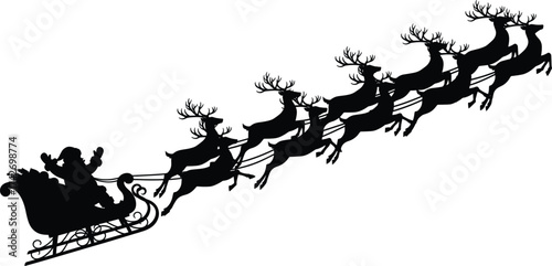 Santa Claus silhouette, flying sleigh, Christmas reindeer, festive illustration, holiday magic, winter night, seasonal artwork, gift delivery, traditional folklore, celebration scene