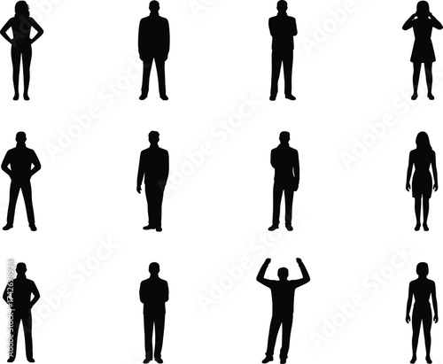 Human silhouette poses, body language collection, standing figures, gesture variations, posture study, communication design, black outline, white background, expressive stances, psychology reference