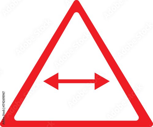 Traffic warning sign vector illustration with double arrow symbol, red triangle road sign indicating distance or width limitation, isolated on white background.