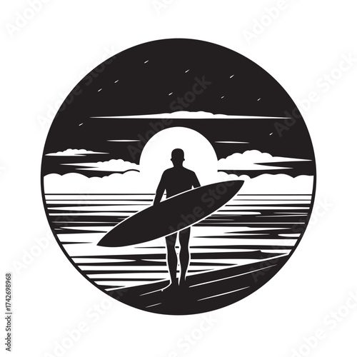 Lone Surfer Sunset Silhouette Vector Artwork