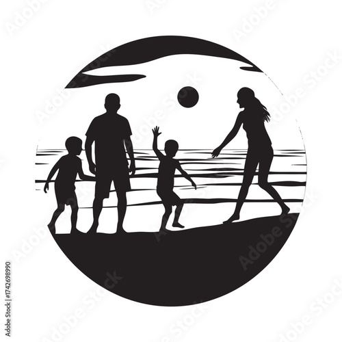 Family Playing Sunset Silhouette Vector Scene
