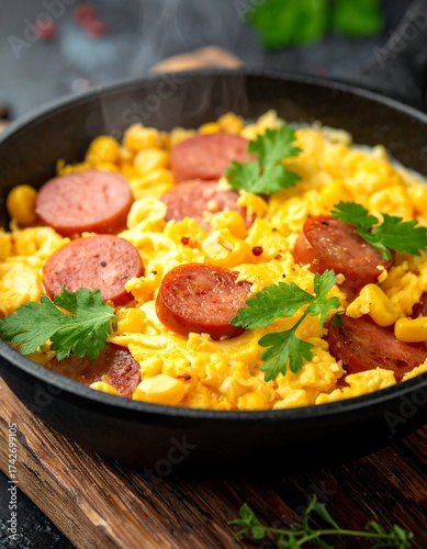 Scrambled eggs with sliced sausage and corn, garnished with parsley