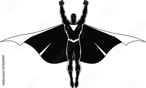 Superhero silhouette flying upward, black and white comic style, powerful pose, cape action, heroic figure, dynamic motion, strength, empowerment, bold