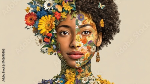 Woman with Floral Hair and Face, Colorful Artistic Reflection