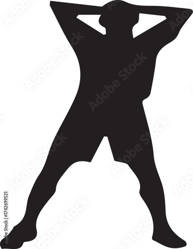 Silhouette of a relaxed man standing with hands behind head
