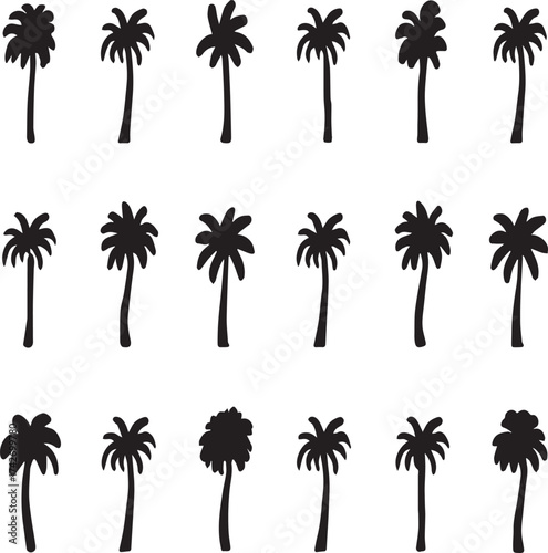 Collection of tropical palm tree silhouettes in minimal black and white style