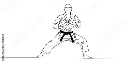Continuous one line drawing of a martial artist in a defensive position, symbolizing discipline, focus, and protection, style vector illustration.
