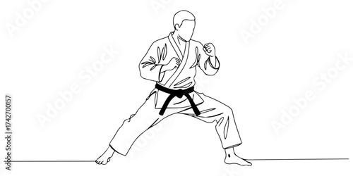Continuous one line drawing of a martial artist in a defensive position, symbolizing discipline, focus, and protection, style vector illustration.