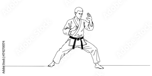 Continuous one line drawing of a martial artist in a defensive position, symbolizing discipline, focus, and protection, style vector illustration.