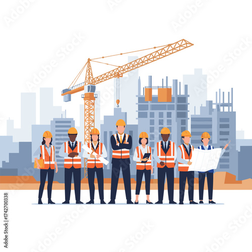 A diverse team of construction professionals stand together at a building site.