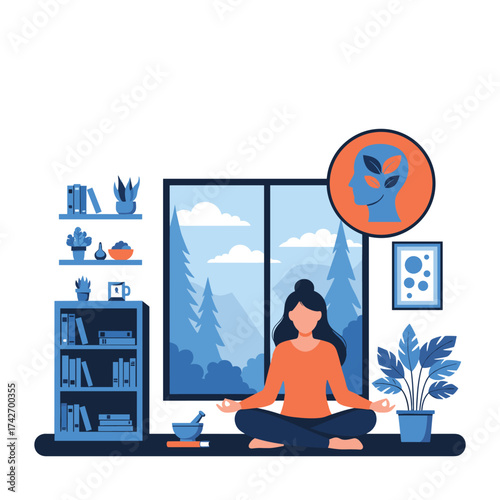 Woman meditating by the window with a peaceful mind.