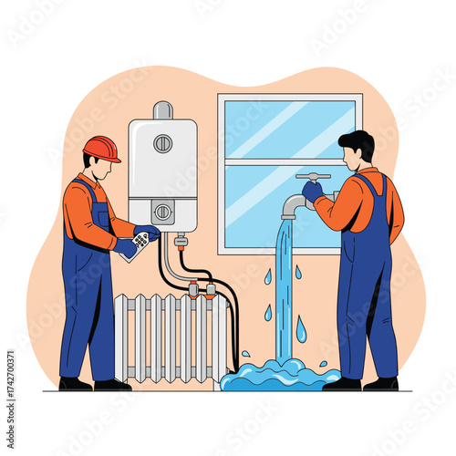 Plumbers installing a new water heater and repairing a leaky faucet.