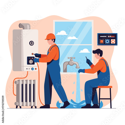 Plumbers working on heating system and fixing a water leak.