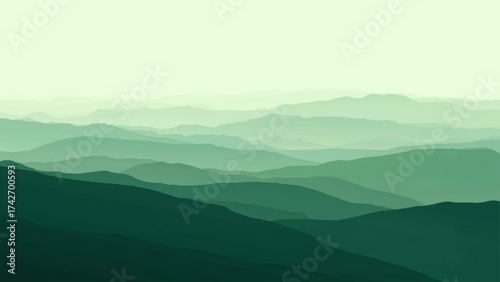 Minimalist landscape with layered green mountain silhouettes fading into a misty horizon. Smooth gradient tones create depth and calm atmosphere, perfect for nature, travel, or eco design themes.