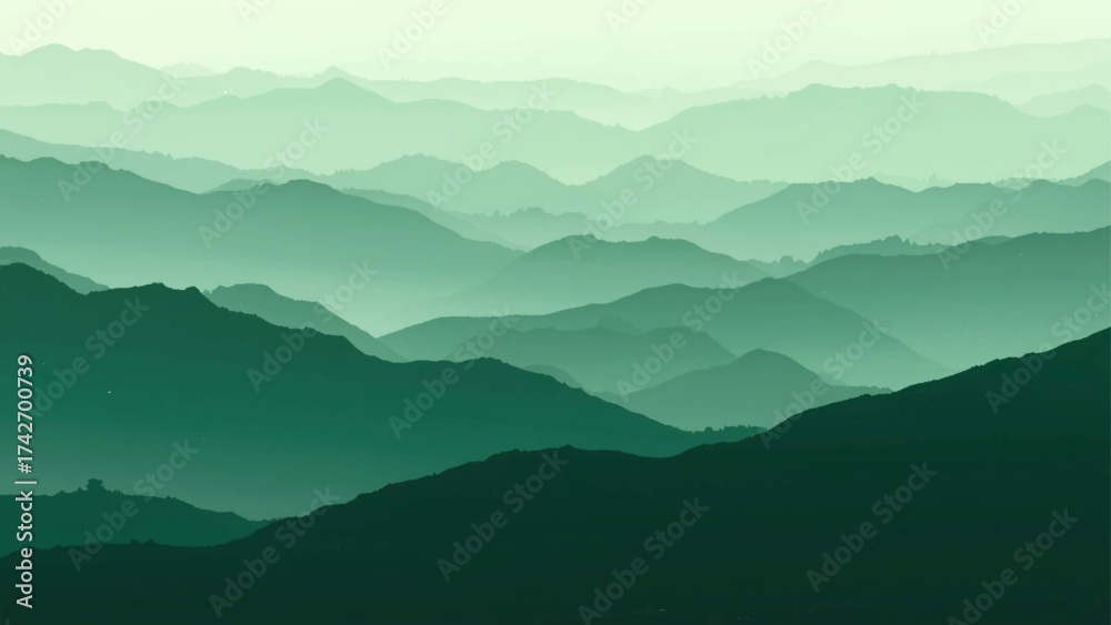 Fototapeta premium Minimalist landscape with layered green mountain silhouettes fading into a misty horizon. Smooth gradient tones create depth and calm atmosphere, perfect for nature, travel, or eco design themes.