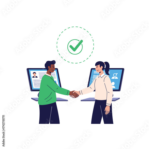 Two people shaking hands in agreement under a checkmark.