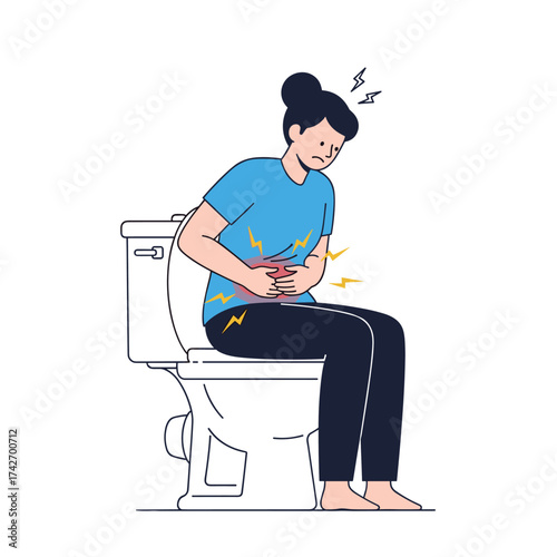 A person experiencing abdominal pain while sitting on a toilet.