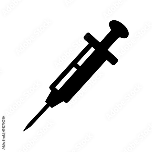 Black syringe medical instrument with needle used for injections on white