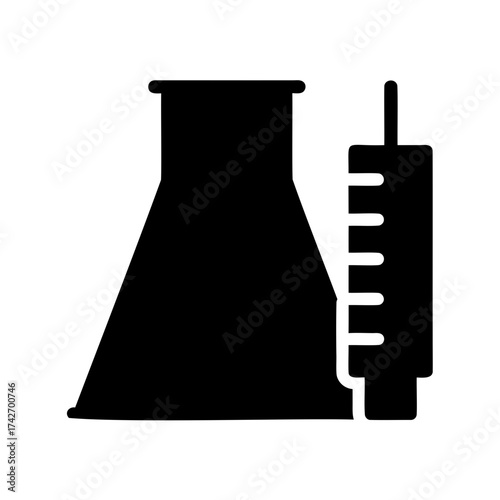 Black silhouette illustration of a laboratory flask with measuring apparatus, experiment concept