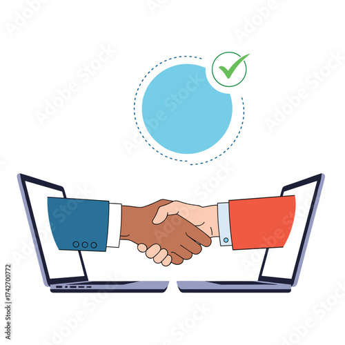 Two hands shaking through a laptop screen symbolizing successful agreement.